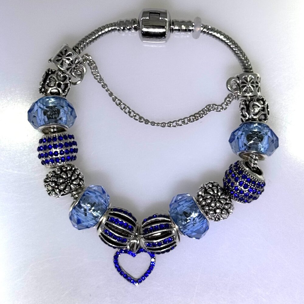 European style sliding charm bracelet, blue crystals, silver tone, NWOT